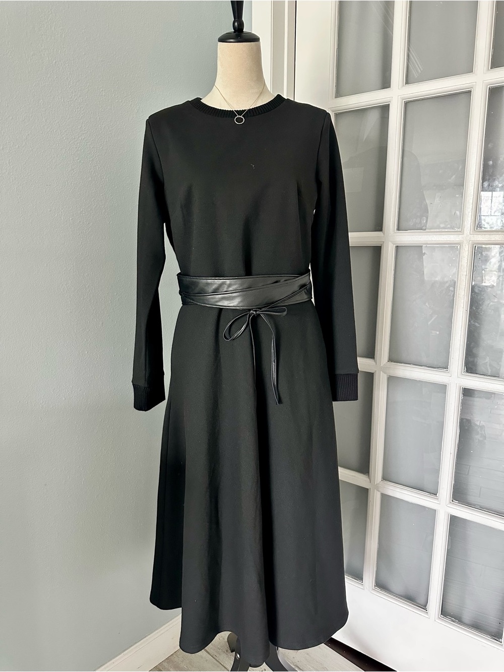 Badgley Mischka Black Long Sleeve Midi Dress with Faux Leather Obi